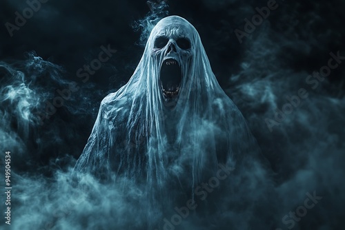 Frightening White Wraith Emitting a Terrifying Scream on a Dark Backdrop for Horror Content. 32k,