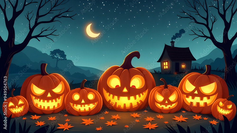 Glowing jack o lanterns lined up at night with a crescent moon, stars, and a cozy cottage in the background. Ideal for Halloween, autumn celebrations, and spooky themes Glowing jack o lanterns lined up at night with a crescent moon, stars, and a cozy cottage in the background. Ideal for Halloween, autumn celebrations, and spooky themes