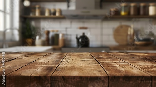 Wooden table and kitchen background.