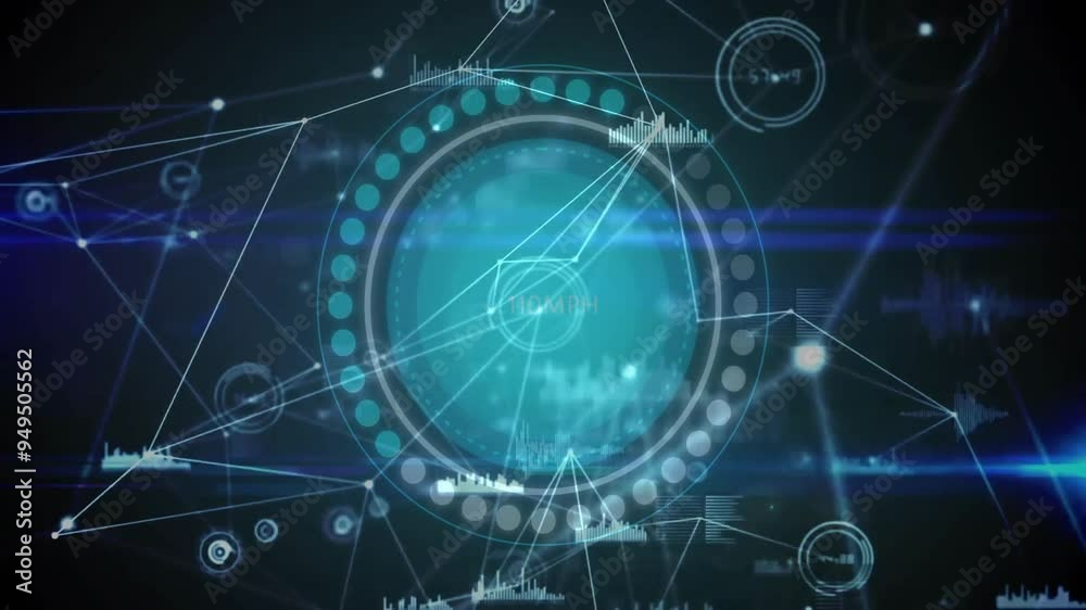 Digital data processing and network connections animation over blue circular interface Digital data processing and network connections animation over blue circular interface