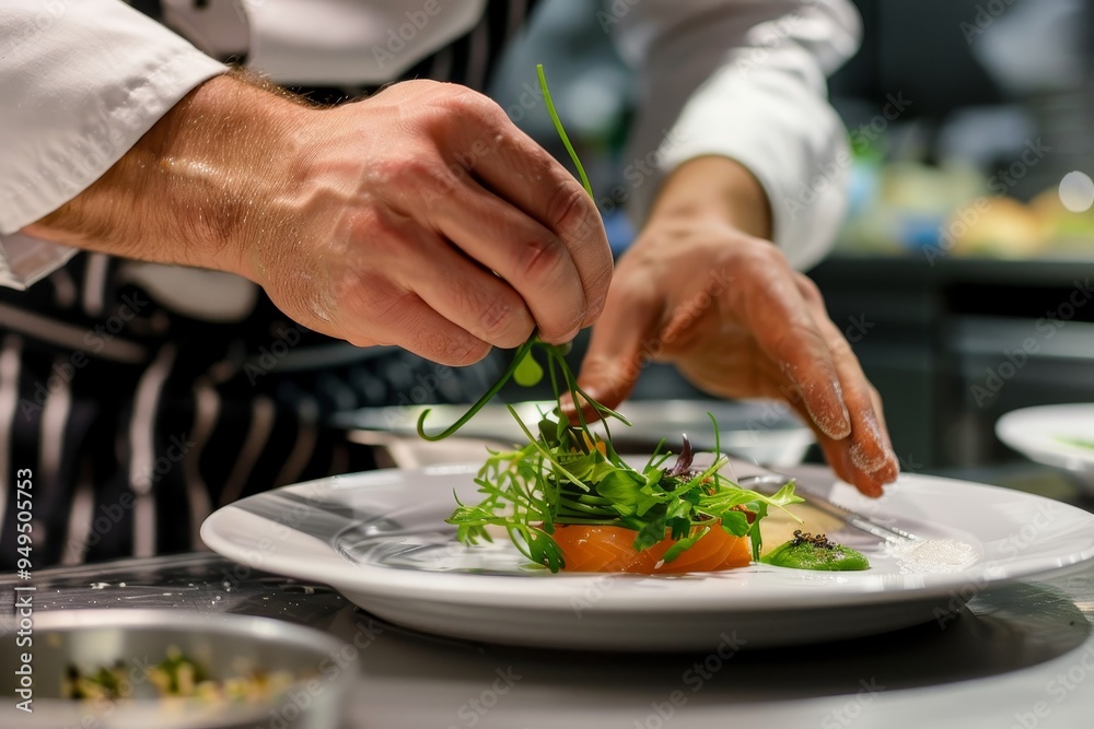 A chef meticulously arranges food on a plate in a professional kitchen, Showcasing the art of plating with precision A chef meticulously arranges food on a plate in a professional kitchen, Showcasing the art of plating with precision