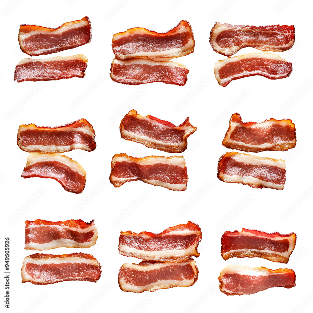Flat lay of crispy bacon strips isolated on a white background, showcasing the savory and rich flavors of this breakfast favorite.. Flat lay of crispy bacon strips isolated on a white background, showcasing the savory and rich flavors of this breakfast favorite..