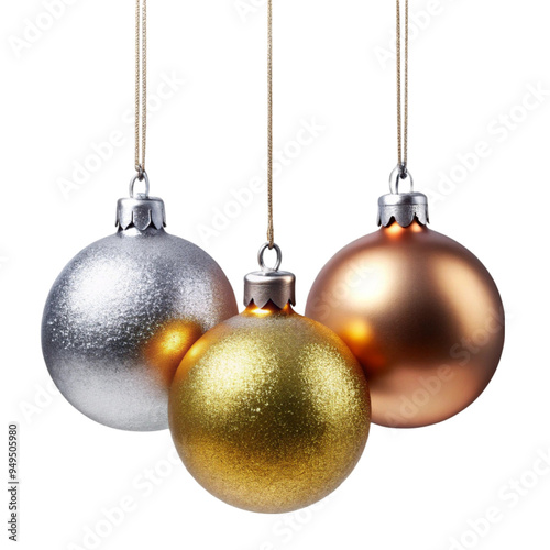 Three metallic Christmas balls hanging isolated on transparent background