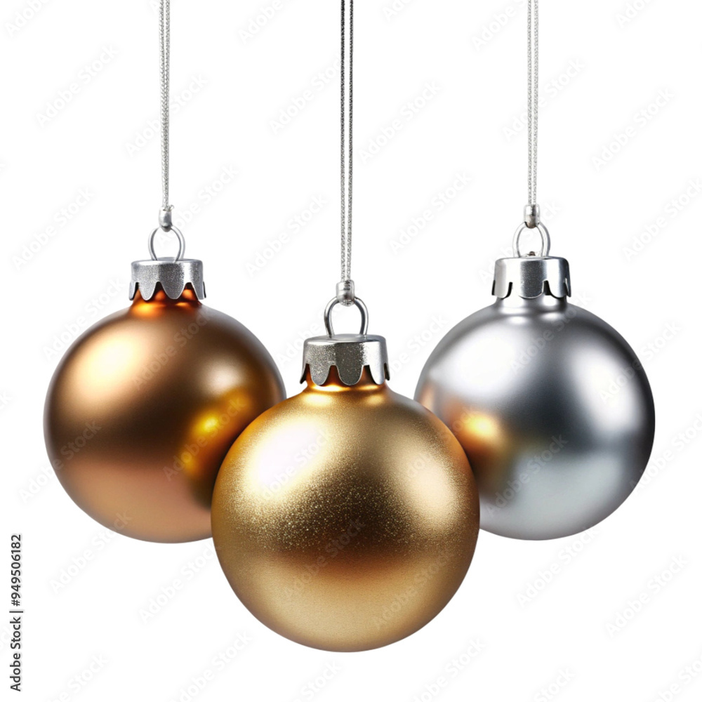 Three metallic Christmas balls hanging isolated on transparent background Three metallic Christmas balls hanging isolated on transparent background