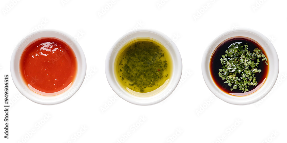 A top-view of three different sauces in white bowls, showcasing a variety of tasty dipping options for various cuisines.. A top-view of three different sauces in white bowls, showcasing a variety of tasty dipping options for various cuisines..