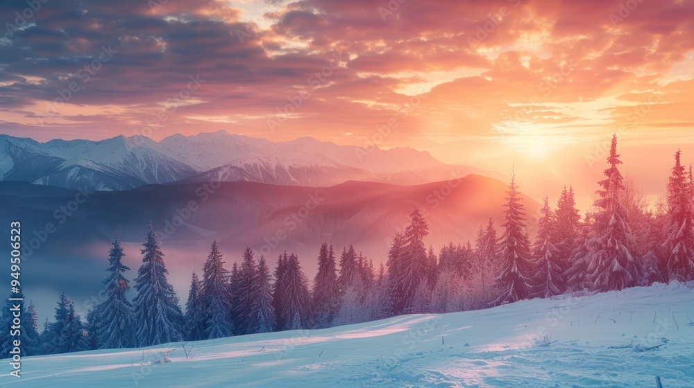 Fototapeta premium Sunrise Over Snowy Mountain Range