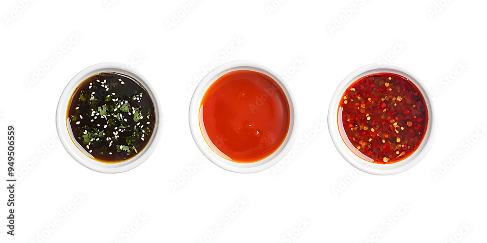 A top-view of three different sauces in white bowls, showcasing a variety of tasty dipping options for various cuisines.. A top-view of three different sauces in white bowls, showcasing a variety of tasty dipping options for various cuisines..