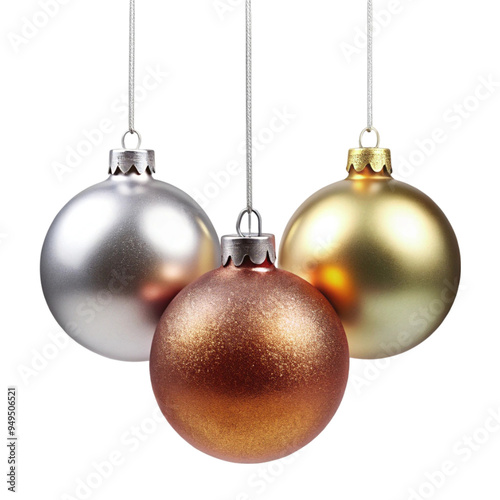 Three metallic Christmas balls hanging isolated on transparent background