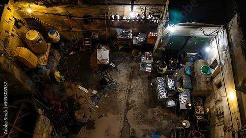 Aerial view of a secret underground coin forgery workshop with multiple rooms and tunnels filled with forgers working under the cover of night their activities barely visible through the darkness