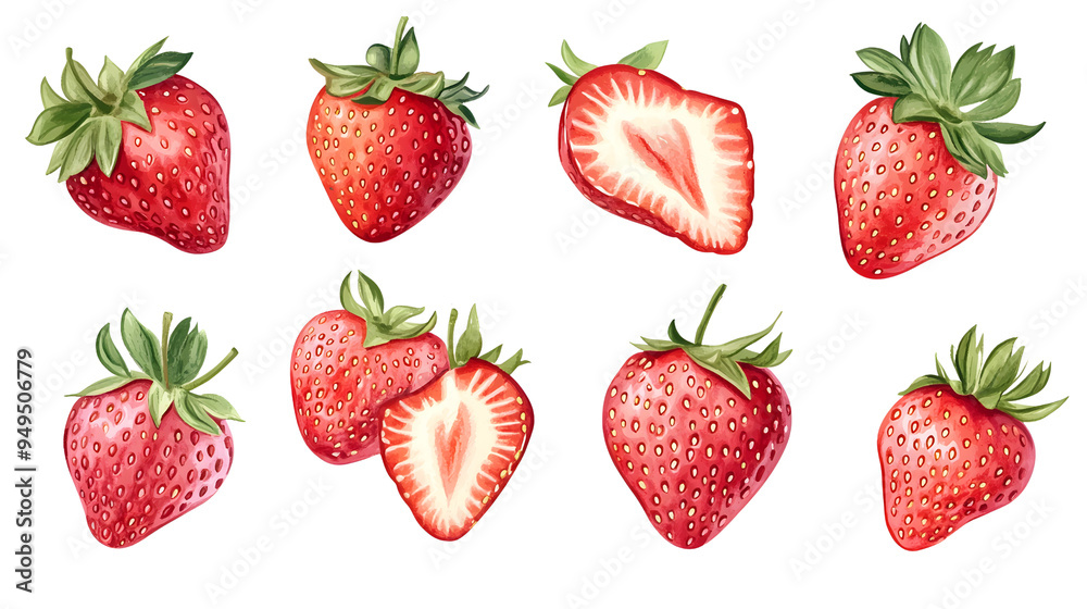 A set of fresh red strawberries, ideal for desserts, snacks, and adding a sweet touch to dishes..