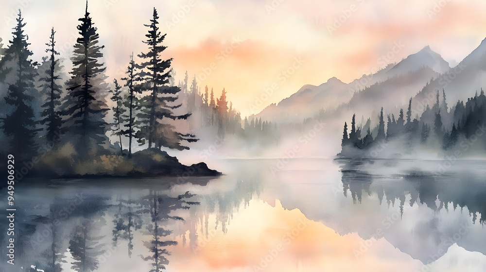 Fototapeta premium Serene mountain lake at dawn mist rising pine trees watercolor soft tones