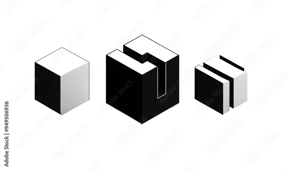 Black and white Cube logo, geometric vector design. Set box logotype company, trendy techno emblem in isometric 3D style. Black and white Cube logo, geometric vector design. Set box logotype company, trendy techno emblem in isometric 3D style.