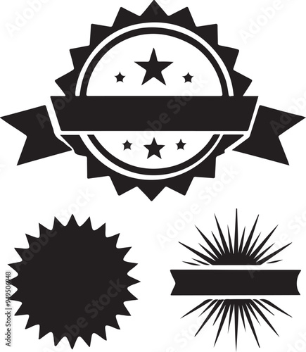 Circle sticker set. Wavy edge promo black badges. Star burst shape tags for price. Blank sale stickers. Simple silhouette. Flat vintage labels. Graphic illustration.