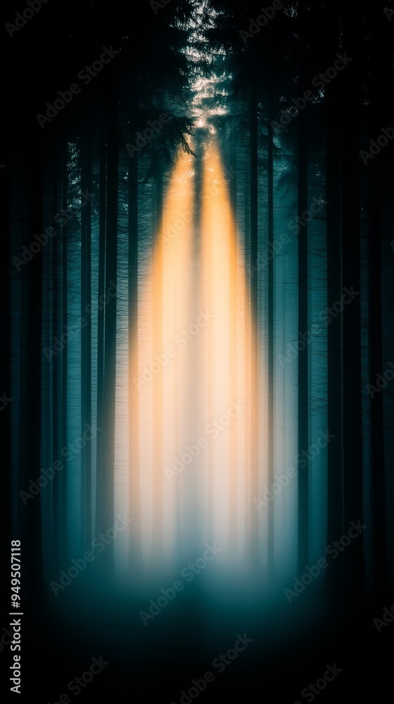 Fototapeta premium mystical forest path with sunlight beams breaking through the trees in a dreamy atmosphere.