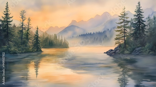 Serene mountain lake at dawn mist rising pine trees watercolor soft tones