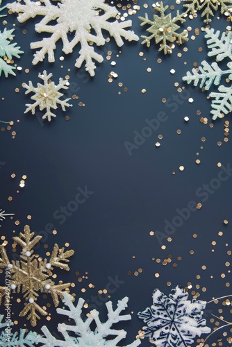 Classic navy Christmas background with detailed snowflakes and gold sequins, accented by soft mint green.