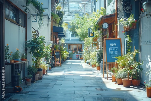 A narrow street with a lot of potted plants and a clock on the wall