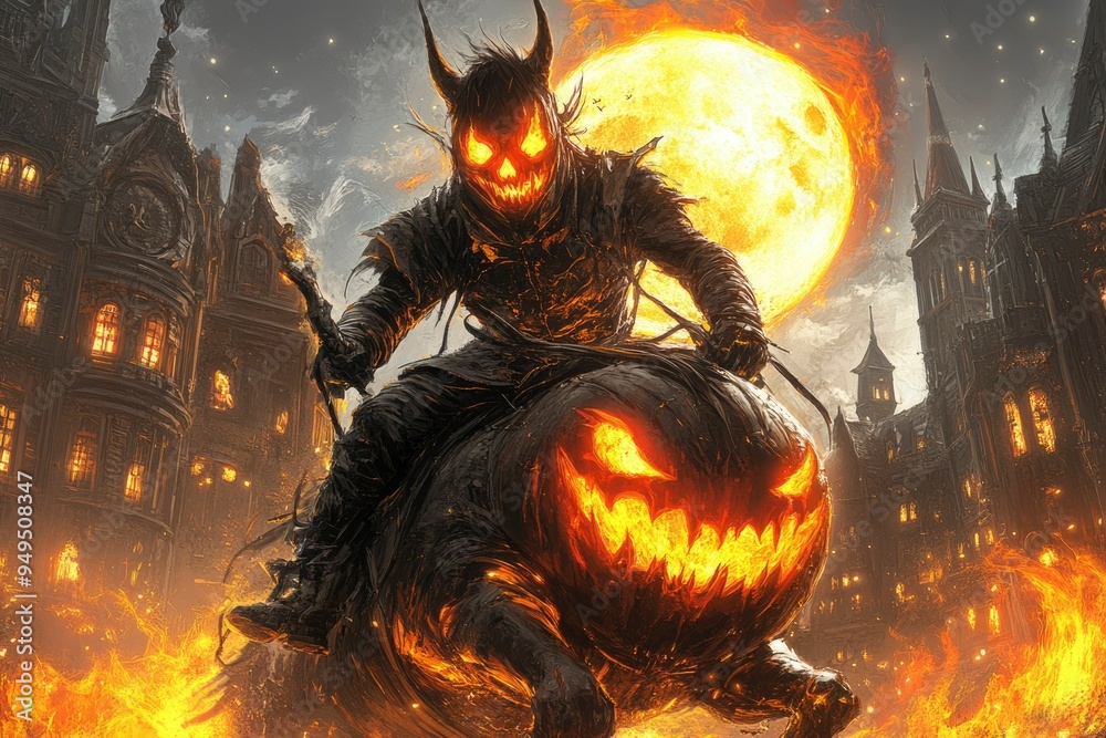 A Devilish Figure Riding a Flaming Pumpkin in Front of a Burning City A Devilish Figure Riding a Flaming Pumpkin in Front of a Burning City