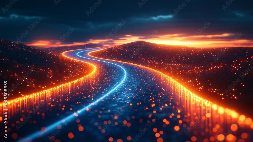 Neon Light Pathway in Night Landscape Generative AI