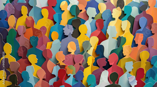 Banner background of a colorful crowd of people made of cut-out paper representing a dense mob gathered at a public event photo