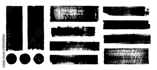 Straight thick vector lines. Black hand drawn brushstroke text boxes. Chinese, Korean, Japanese calligraphy brushstroke set. Rough grunge thick gouache paint texture. Sketchy ink rectangle textboxes