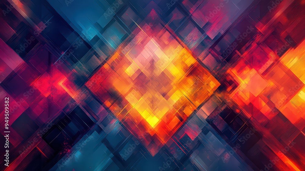 bold abstract design with intersecting squares and rectangles in glowing orange and red tones, contrasted against deep blue, creating a sense of movement and energy. bold abstract design with intersecting squares and rectangles in glowing orange and red tones, contrasted against deep blue, creating a sense of movement and energy.