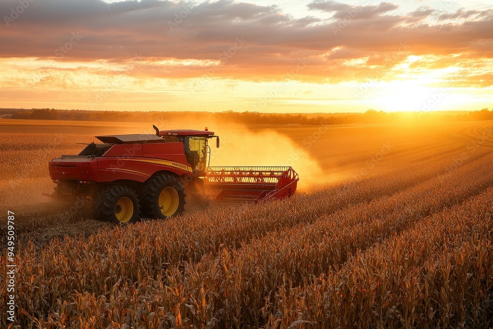 Fototapeta premium A combine harvester working in a cornfield during sunset, creating a picturesque agricultural scene.