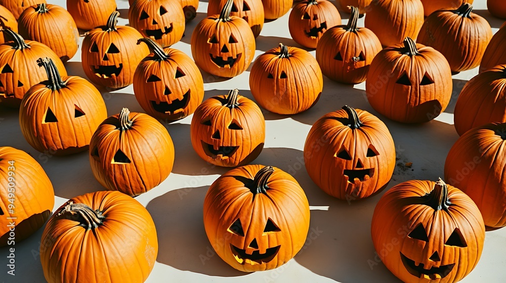 Creepy Array of Pumpkins with Eerie Faces and Shadows on Isolated White for Spooky Creepy Array of Pumpkins with Eerie Faces and Shadows on Isolated White for Spooky