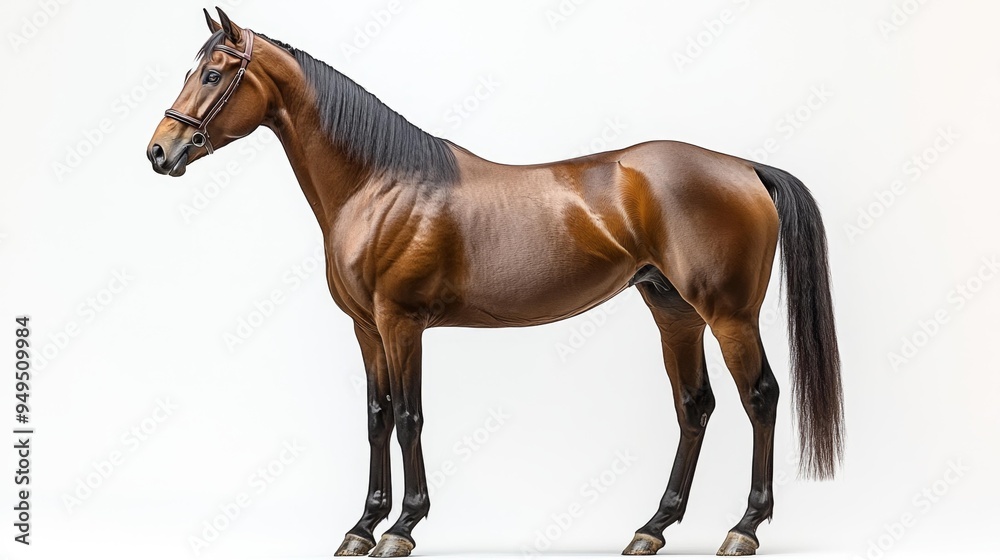 Obraz premium Elegant Bay Horse Standing on a White Background Generative AI