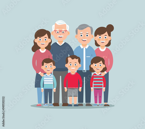 vector illustration of a full-length portrait showing three generations of a family 