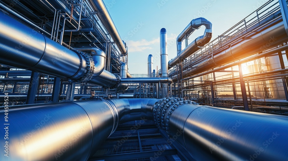 A complex network of metallic pipes in an industrial setting, reflecting sunlight. A complex network of metallic pipes in an industrial setting, reflecting sunlight.