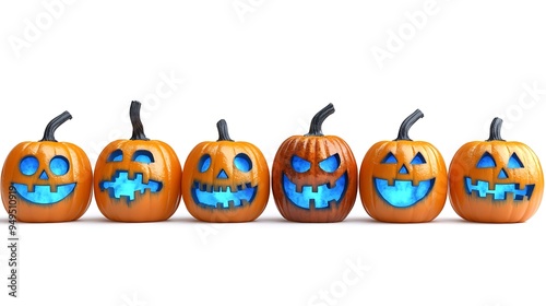 Spooky Pumpkin Faces with Mysterious Blue Glow on Isolated White for Halloween Ads. 32k,