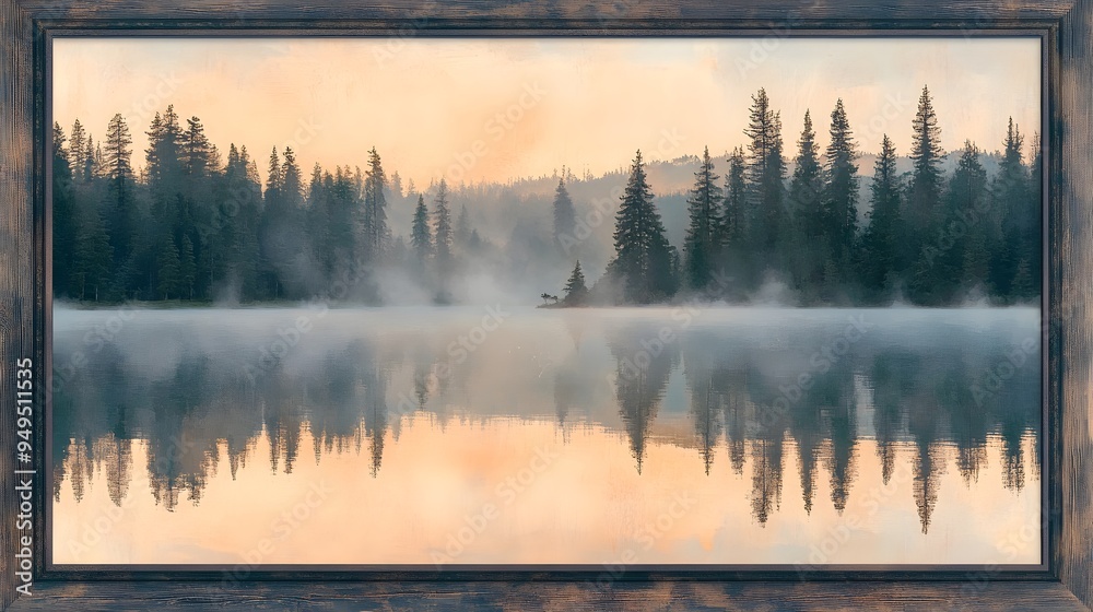 Peaceful lake at sunrise mist hovering above water framed by pine forest soft pastel tones Peaceful lake at sunrise mist hovering above water framed by pine forest soft pastel tones