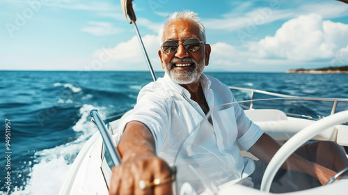 Happy smiling Indian luxury senior old man driving white luxury speedboat or motorboat on sea or ocean water.