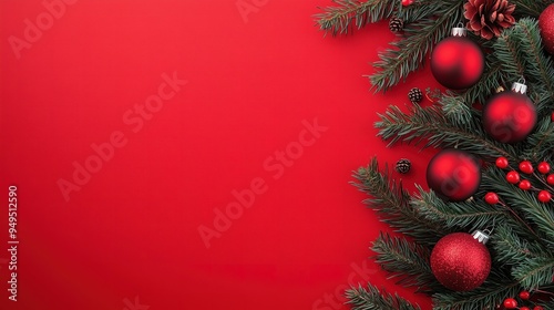 Red Christmas background with ornaments and fir branches on the right side. Flat lay with ample copy space for text or design. High-quality, hyper-realistic photo.