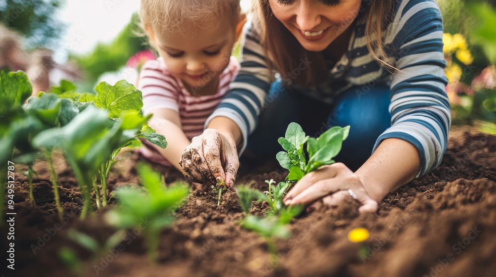 Mother and her child planting seeds together in their backyard garden, hands dirty with soil, excited to watch the flowers grow , woman and kid Spring Garden Planting concept image Mother and her child planting seeds together in their backyard garden, hands dirty with soil, excited to watch the flowers grow , woman and kid Spring Garden Planting concept image