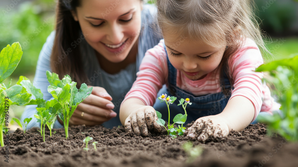 Mother and her child planting seeds together in their backyard garden, hands dirty with soil, excited to watch the flowers grow , woman and kid Spring Garden Planting concept image Mother and her child planting seeds together in their backyard garden, hands dirty with soil, excited to watch the flowers grow , woman and kid Spring Garden Planting concept image