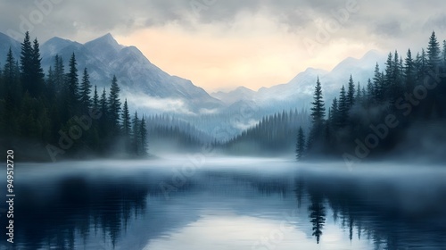 Peaceful mountain lake at sunrise mist rising with pine forest backdrop soft pastels