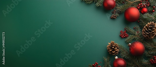 Christmas background with red ornaments, pine branches, and pine cones on green. Flat lay top view with ample copy space for text. High resolution, clean, and sharp aesthetic.