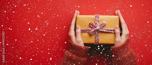 Close-up of a woman's hands holding a golden-wrapped Christmas gift on a red background with falling snow. Ideal for New Year or holiday banners
