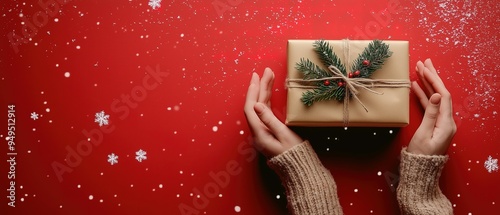 Female hands hold a Christmas gift wrapped in brown paper, adorned with greenery and holly berries, set against a red snowflake background. Perfect for holiday ads or banners.