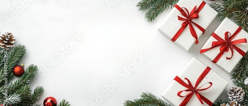 White background with gift boxes wrapped in red ribbon and pine branches on the right side. Ample space for text on the left, perfect for holiday designs. High-resolution flat lay.