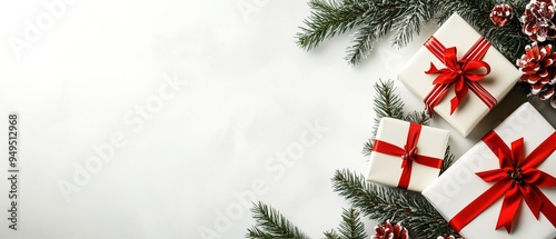 Christmas gifts with red ribbons and pine branches on a white background. Ideal for New Year banners, with ample space for text. High-resolution, top-view flat lay.