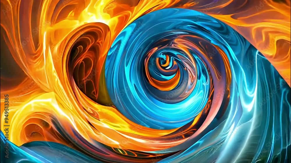Abstract swirling pattern of fire and ice with deep blue and orange hues