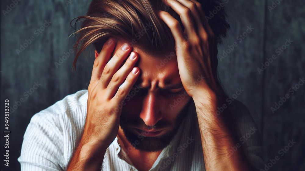 Man holding his sore head close-up, concept of migraine, headache, high blood pressure, depression Man holding his sore head close-up, concept of migraine, headache, high blood pressure, depression