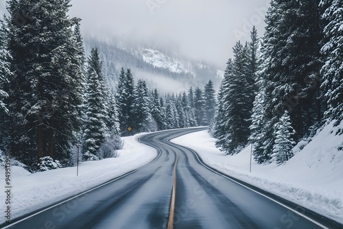 A scenic view of a pine forest road curving around