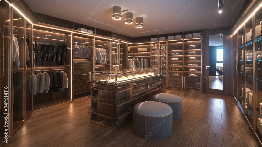 A spacious walk-in closet with custom shelving, bright lighting, a central island with glass display cases, and a luxurious seating area. A spacious walk-in closet with custom shelving, bright lighting, a central island with glass display cases, and a luxurious seating area.