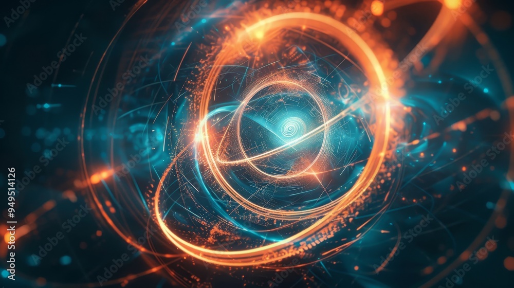Obraz premium Glowing particle in a circular path through a dark quantum realm with light trails and waves