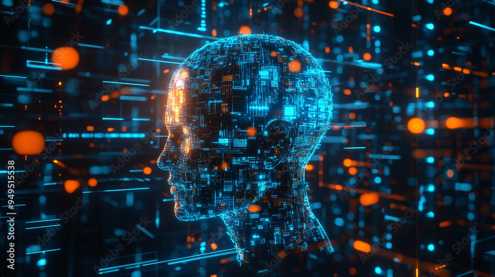 Futuristic human head showing machine learning and neural network brain concept with interconnected technological background blue and orange glowing dots and lines Futuristic human head showing machine learning and neural network brain concept with interconnected technological background blue and orange glowing dots and lines