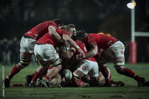 Men in sports attire fiercely competing in a game of rugby on a field, Show the physicality and strength of players engaging in a ruck photo